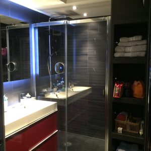 salle de bains noire avec douche paroi vitrée