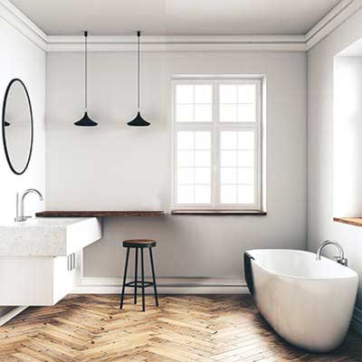 salle de bain blanche parquet chevron